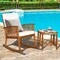 2 Pieces Teak Acacia Wood Rocking Chair Set with Cushions and Tea Table